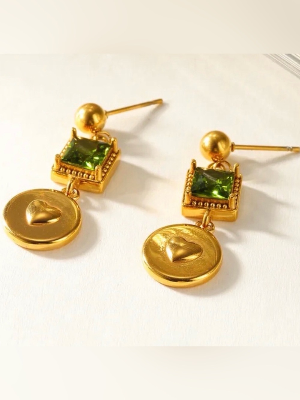 Gold and Green Dangle Earrings